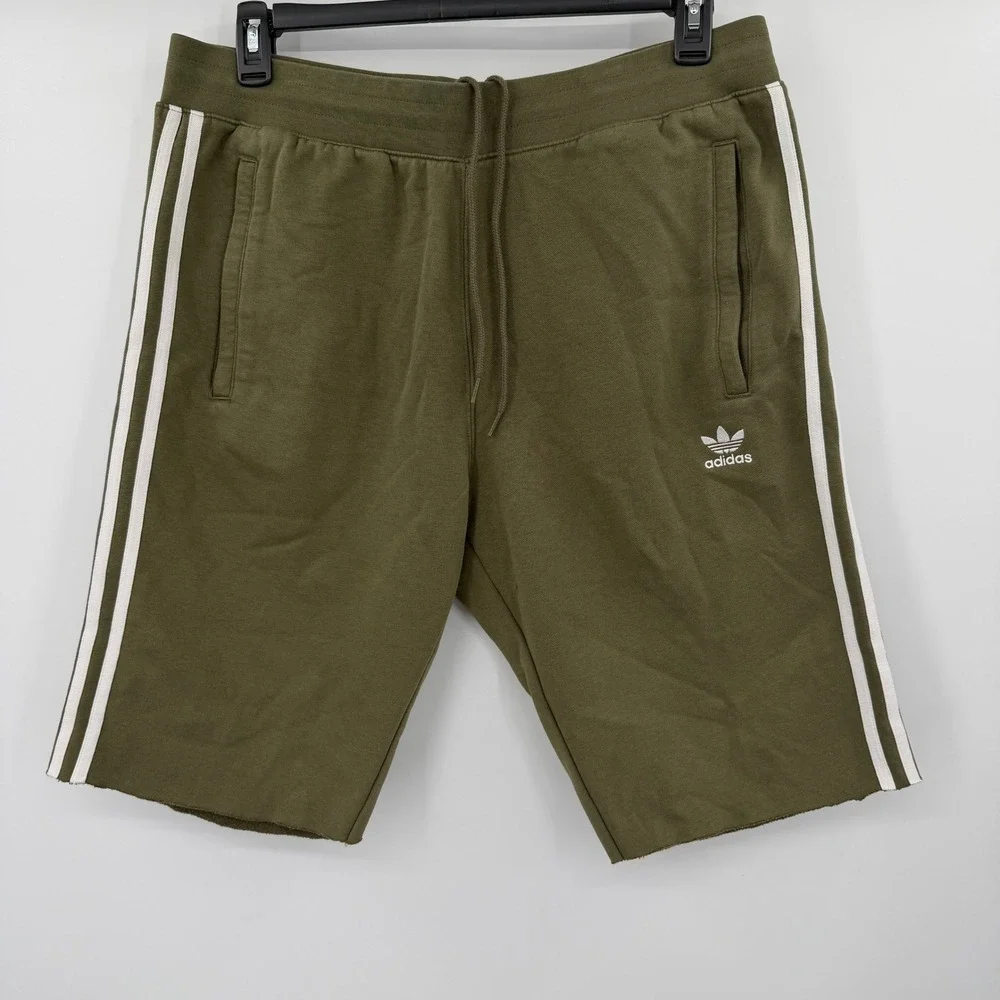 Adidas Originals Mens XL Olive Green 3-Stripe Fleece Sweat Shorts Trefoil Logo